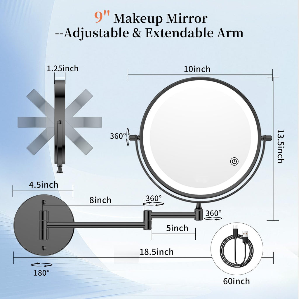 FUNTOUCH 9-Inch 30X/1X Wall Mounted Lighted Makeup Mirror – 5000mAh, 3-Color Lights, Dimmable