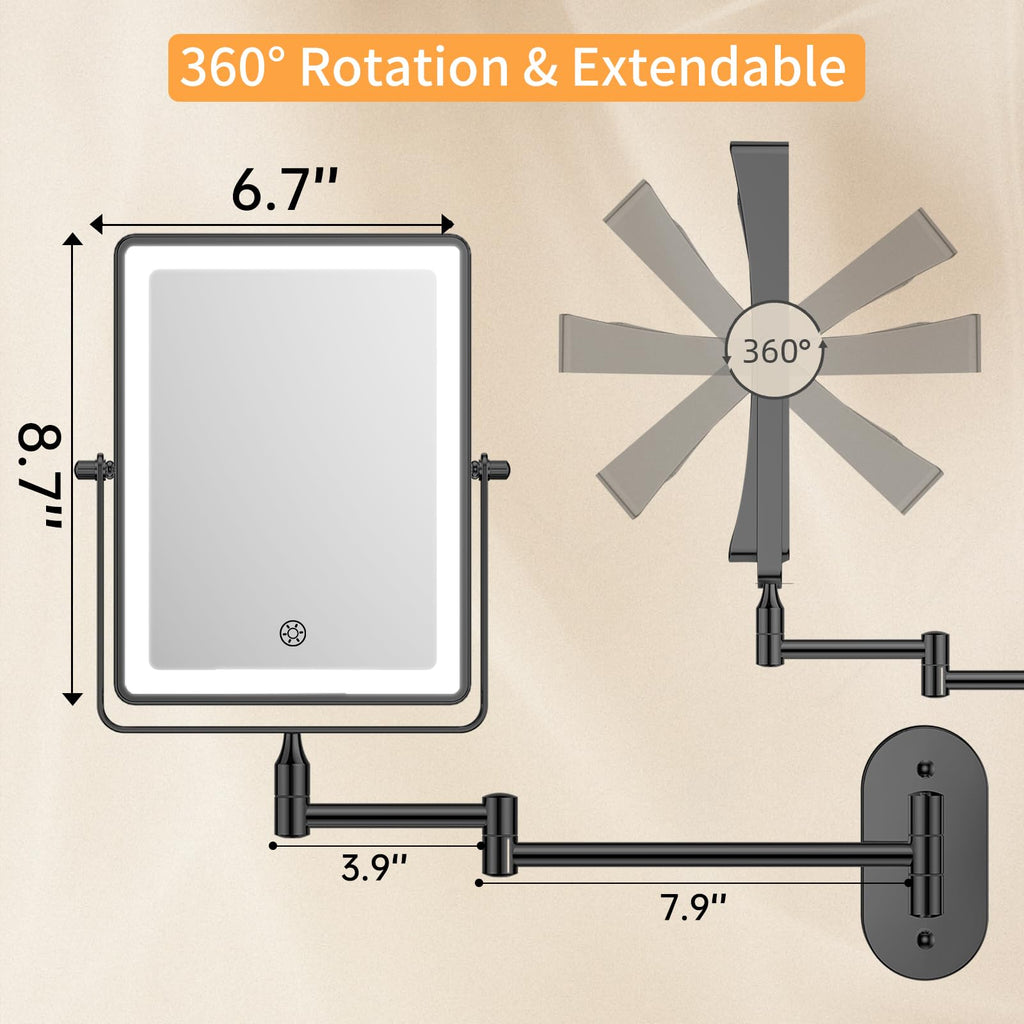 FUNTOUCH 5000mAh Rechargeable Wall-Mounted Makeup Mirror – 8.7-inch Dual-Sided 1X/30X Magnification, Dimmable 3-Color Lighting, 360° Swing Arm