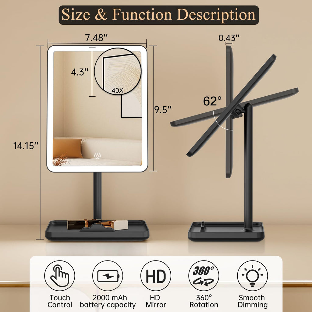 FUNTOUCH Vanity Mirror with Lights – 40X Detachable Magnifier, 84 LEDs, 3 Lighting Modes