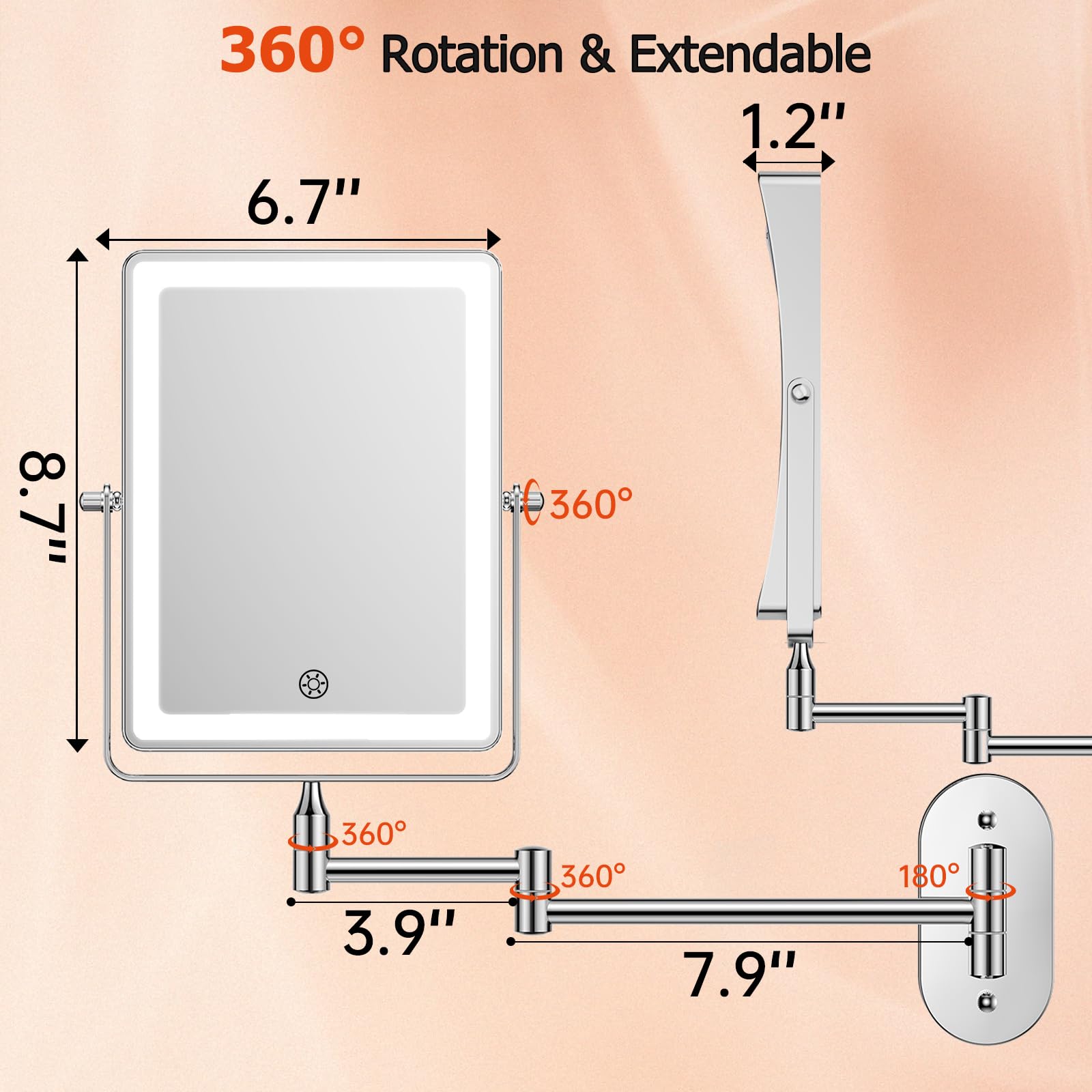 FUNTOUCH 8.7-Inch Wall Mounted Lighted Makeup Mirror | 1X/30X Magnification | 5000mAh Rechargeable, Dimmable 3-Color Lighting