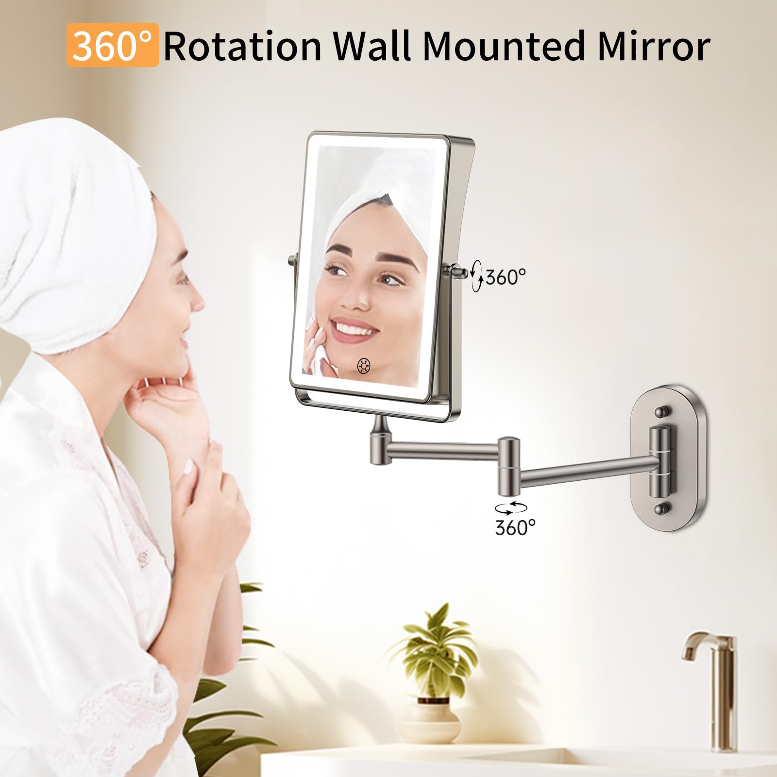 FUNTOUCH 5000mAh Rechargeable Wall Mounted Makeup Mirror - 8.7-inch - 1X/30X Magnification - Dimmable 3-Color LED