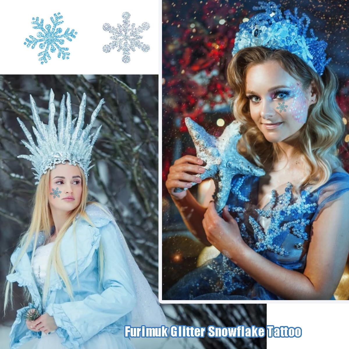 Furimuk Snowflake Glitter Temporary Tattoos – 5 Sheets Blue Silver Snowflakes for Kids & Adults