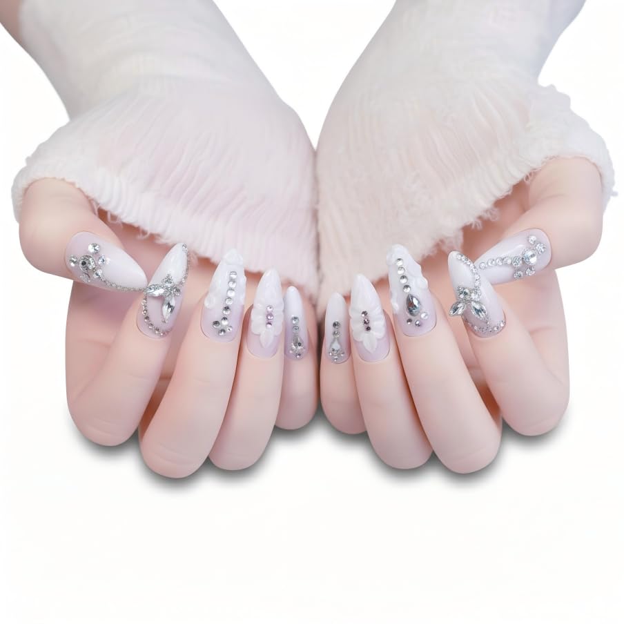 Furnunubi Handmade Almond Press-On Nails – Light Purple 3D Butterfly Milky Design, XS