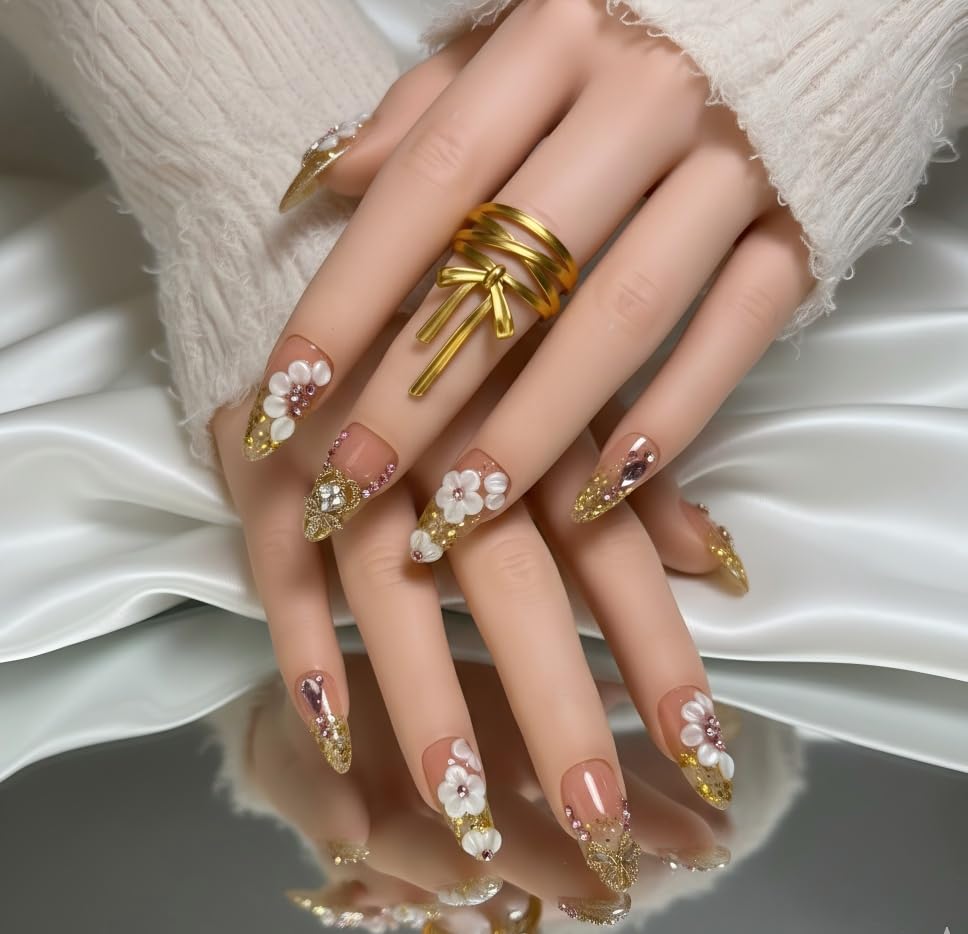 FURNUNUBI Handmade Almond Press-On Nails – Gold Glitter, 3D Flowers & Crystal Hearts