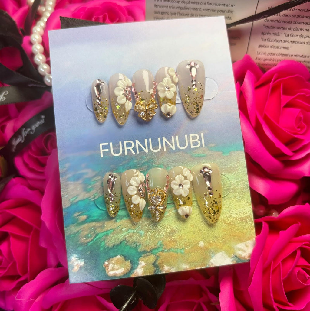 FURNUNUBI Handmade Almond Press-On Nails – Gold Glitter, Crystal Hearts, 3D Flowers