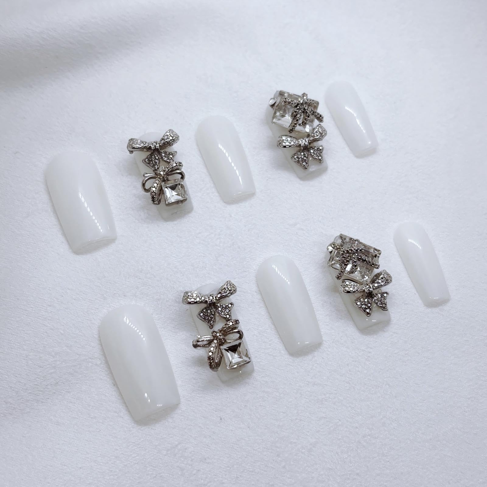 FURNUNUBI Handmade Square Press-On Nails – Ivory White with Crystal Bow Design and 3D Jewels
