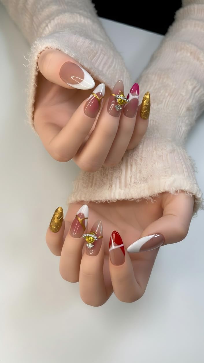 FURNUNUBI Handmade Almond Press-On Nails – 3D Saturn Jewel, Ombre & White French Tip