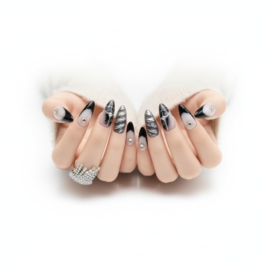 FURNUNUBI Handmade Almond Nails – 3D Gothic Metallic Press-On (XS)