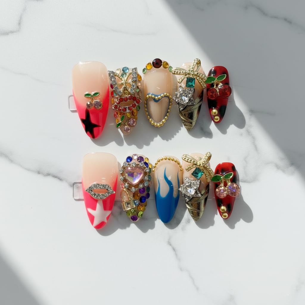 FURNUNUBI Handmade Almond Press-On Nails - 3D Hearts, Stars, Flames & Cherry Motifs - Pink