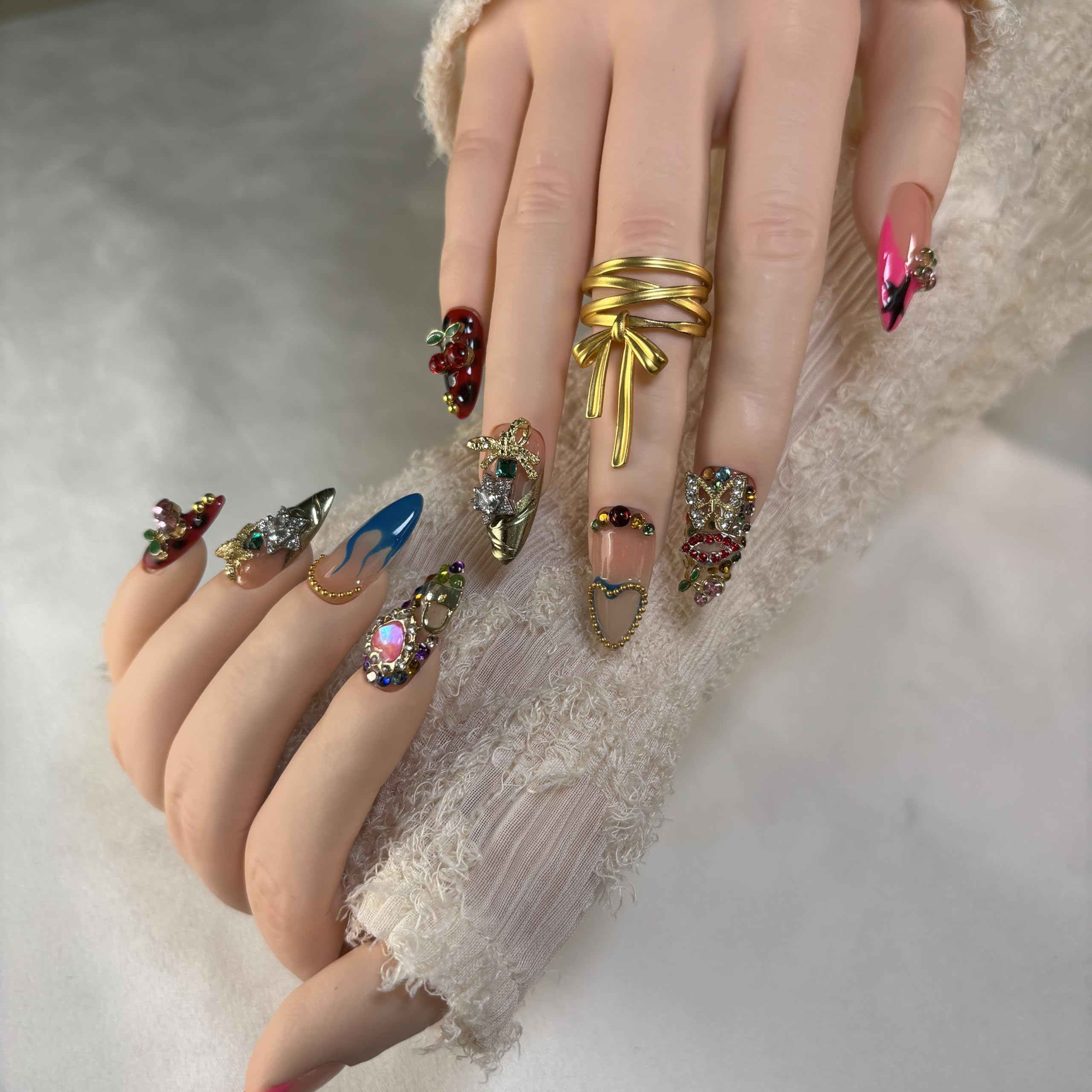 Furnunubi Handmade Almond Press-On Nails – 3D Hearts, Stars, Flames & Cherry Motifs (XS)