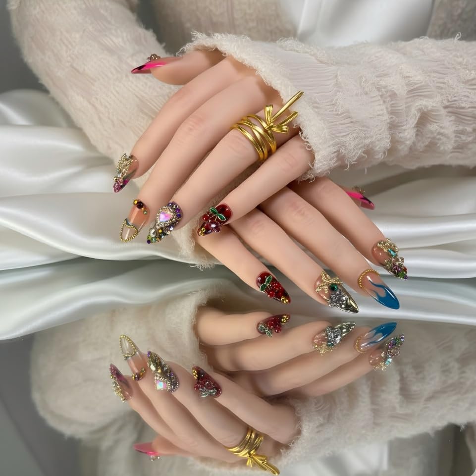 Furnunubi Handmade Almond Press-On Nails – 3D Hearts, Stars, Flames & Cherry Motifs (XS)
