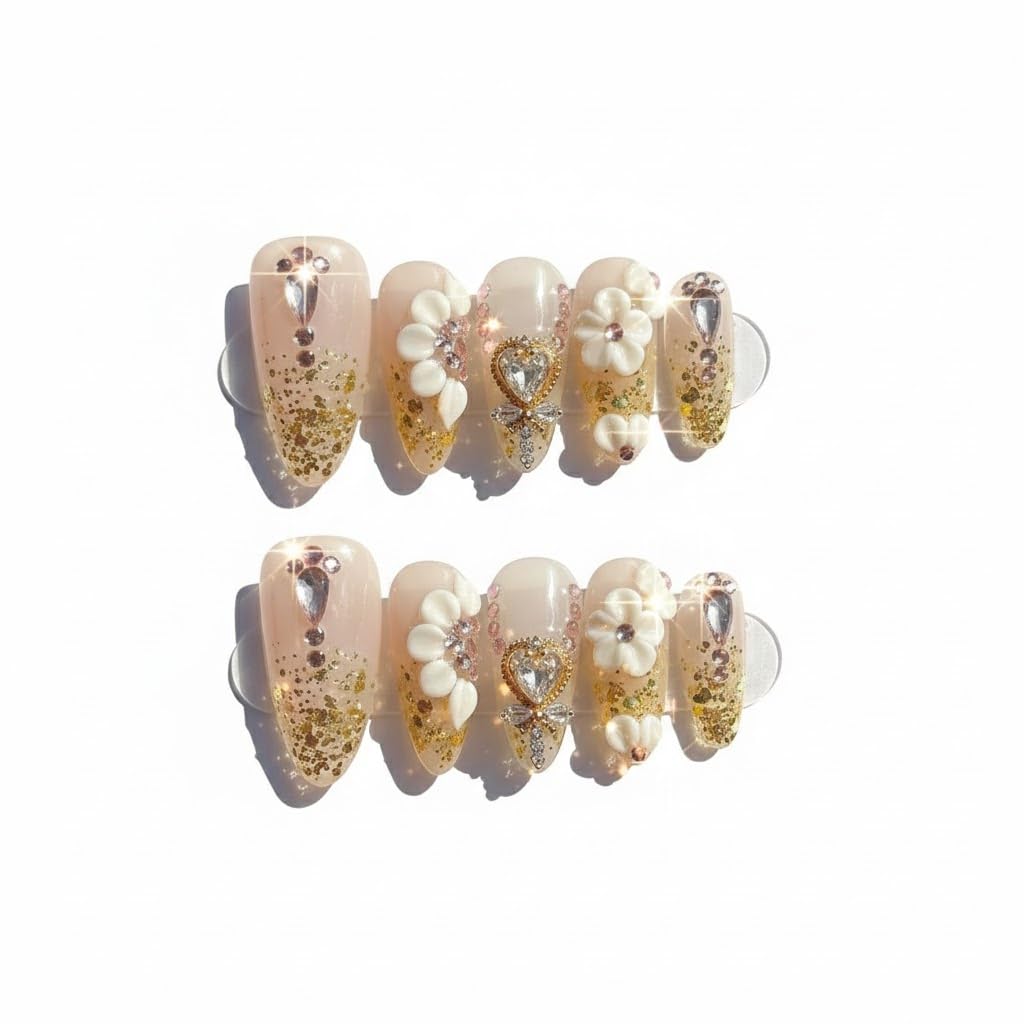 FURNUNUBI Handmade Almond Press-On Nails – Gold Glitter, Crystal Hearts & 3D Flowers