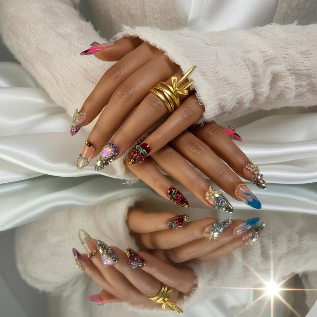FURNUNUBI Handmade Almond Press-On Nails – 3D Hearts, Stars, Flames & Cherry Motifs