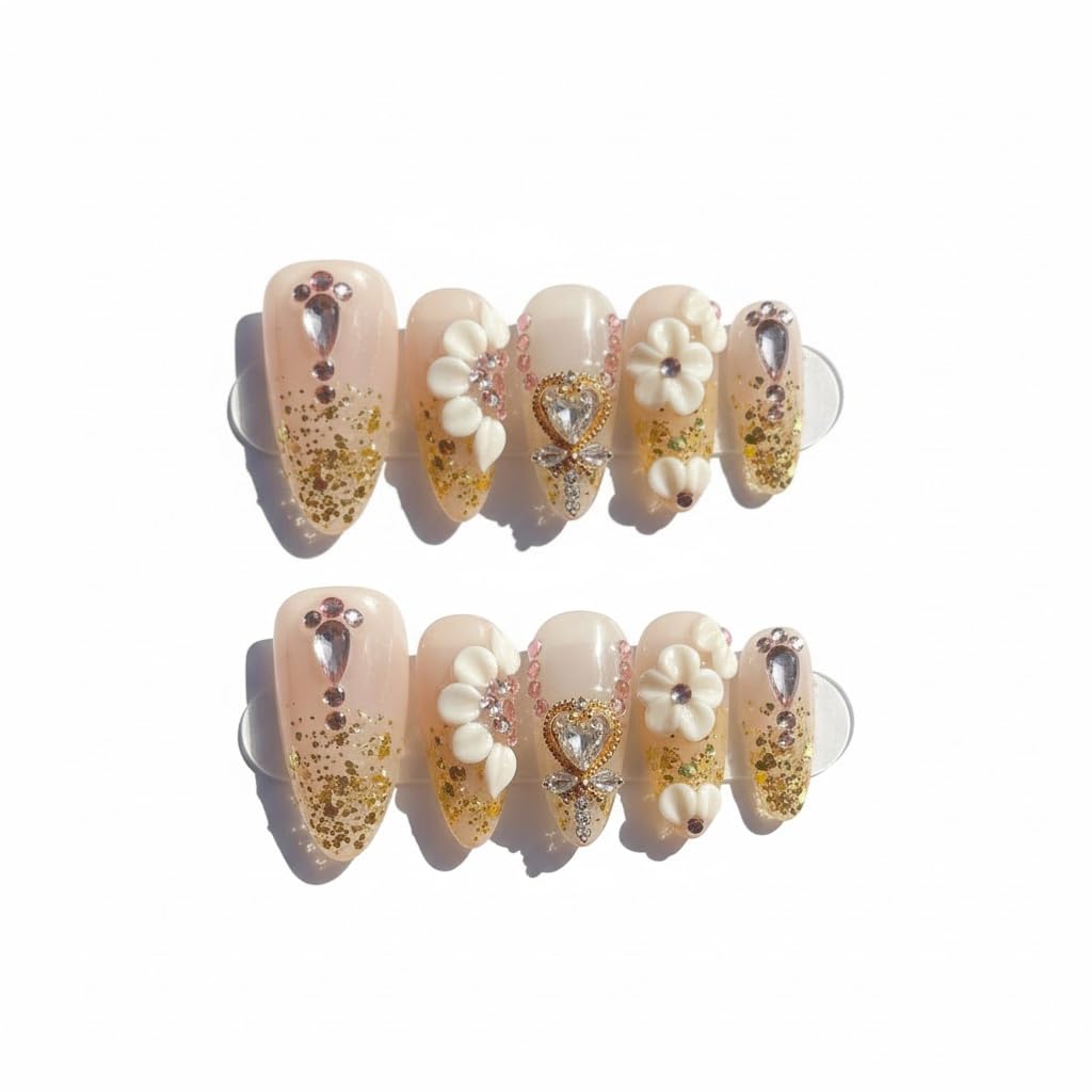 FURNUNUBI Handmade Almond Press-On Nails – Gold Glitter, Crystal Hearts, 3D Flowers