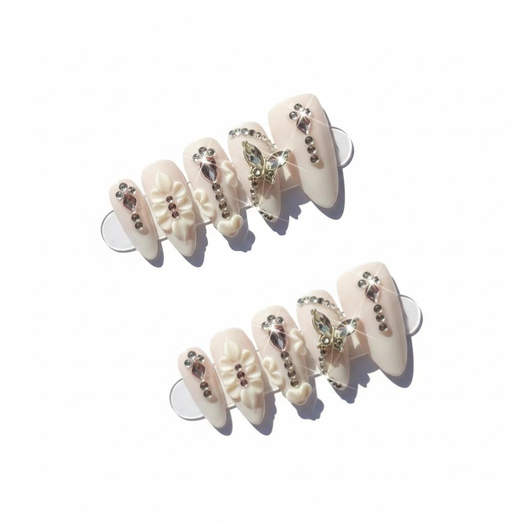Furnunubi Handmade Almond Press-On Nails – Light Purple 3D Butterfly Milky Design, XS