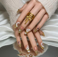 FURNUNUBI Handmade Almond Press-On Nails – Gold Glitter, Crystal Hearts, 3D Flowers