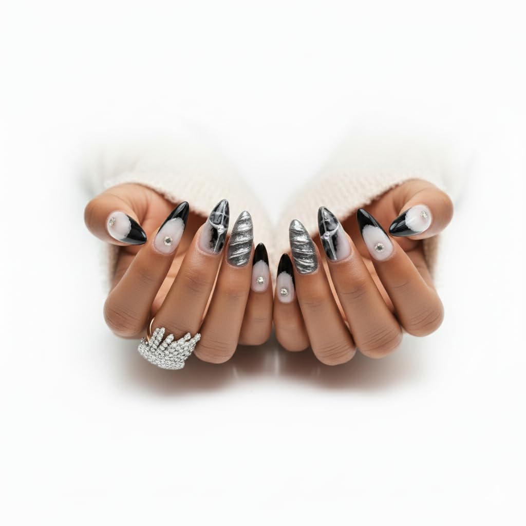FURNUNUBI Handmade Almond Black Press-On Nails | 3D Gothic Metallic Design