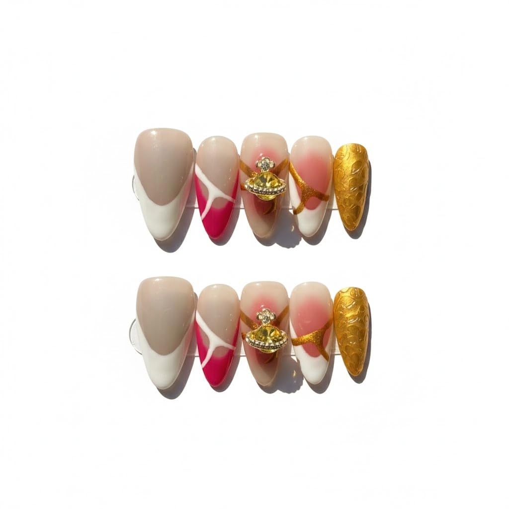 FURNUNUBI Handmade Almond Press-On Nails – 3D Saturn Jewel, Ombre & White French Tip