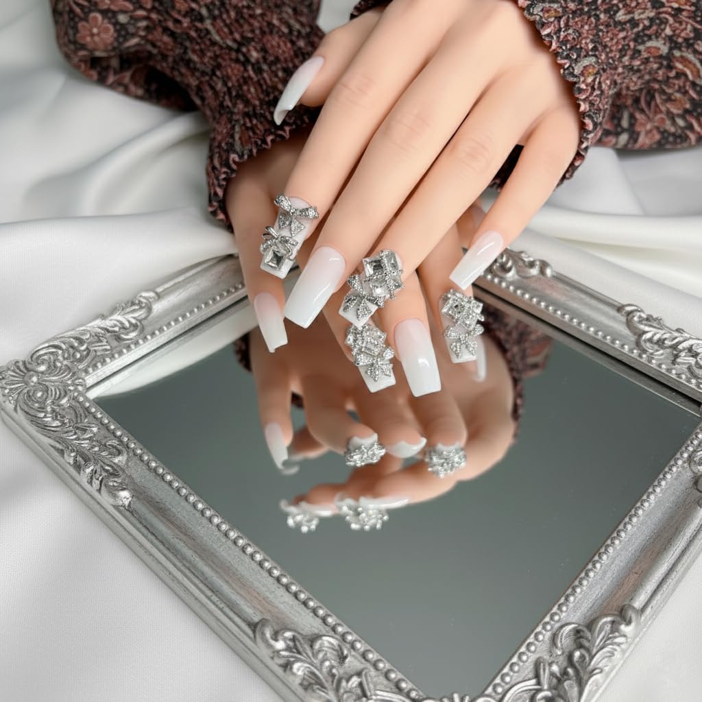 FURNUNUBI Handmade Square Press-On Nails – Ivory White with Crystal Bow Design and 3D Jewels