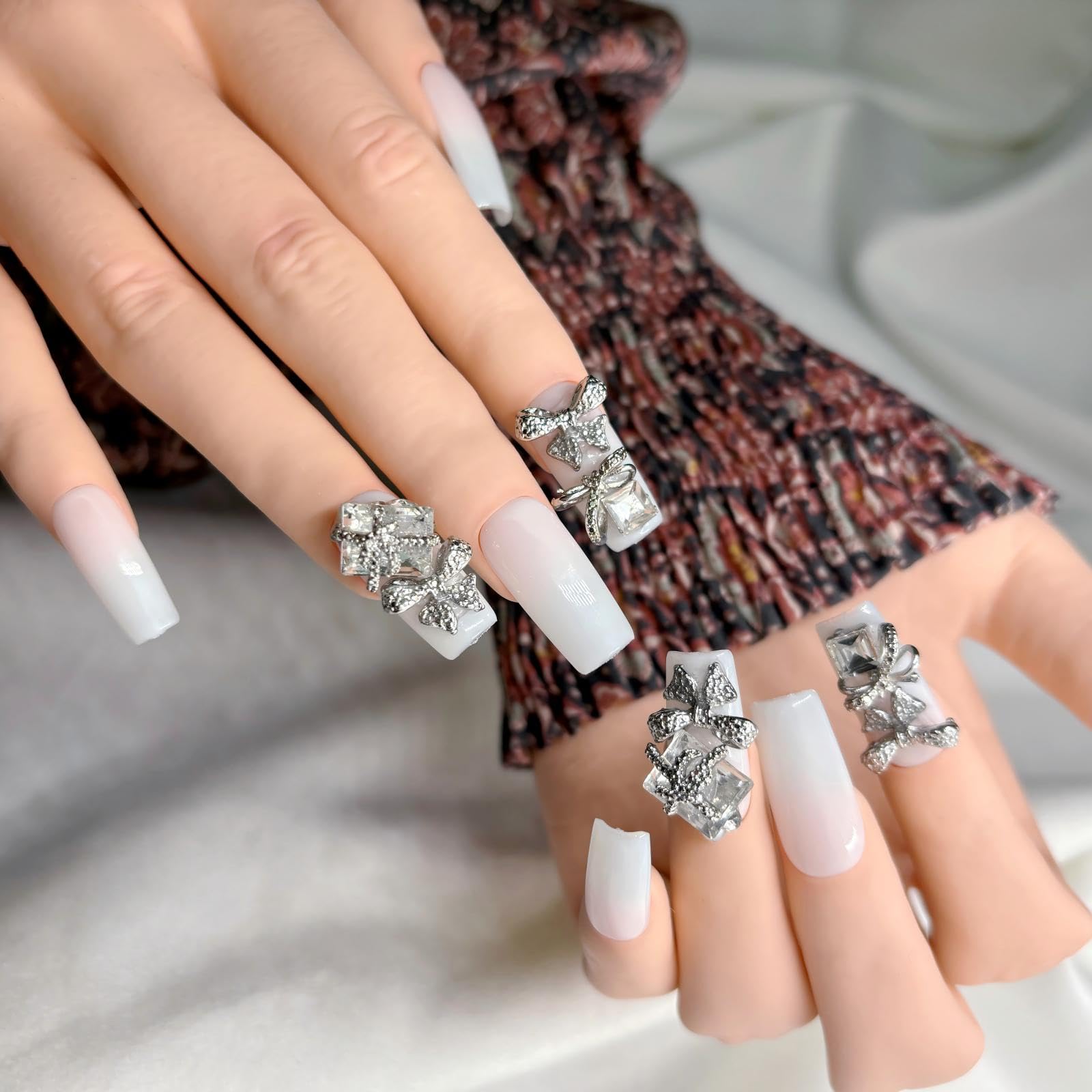 FURNUNUBI Handmade Square Press-On Nails – Ivory White with Crystal Bow Design and 3D Jewels