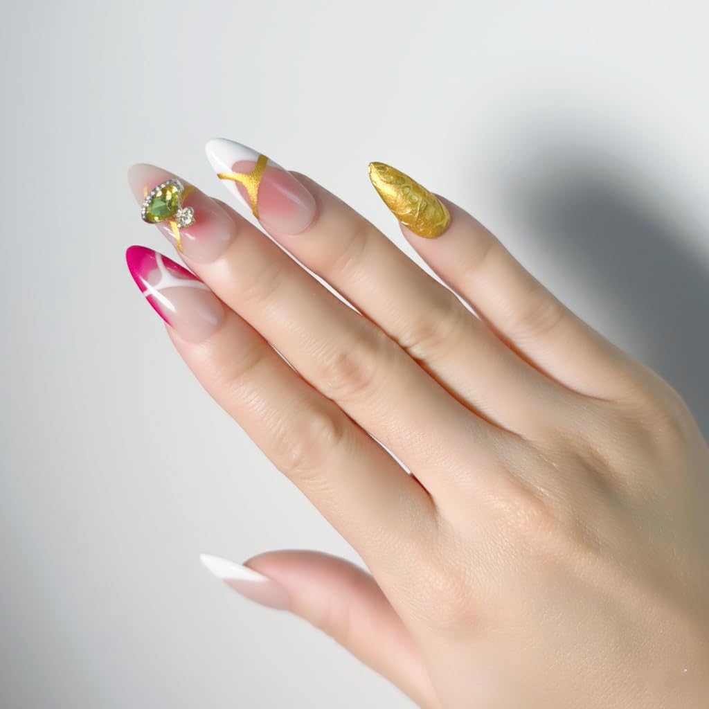 FURNUNUBI Handmade Almond Press-On Nails – 3D Saturn Jewel, Ombre & White French Tip
