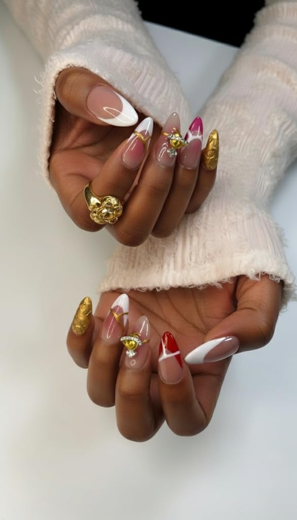 FURNUNUBI Handmade Almond Press-On Nails with 3D Saturn Jewel – Ombre White French Tip