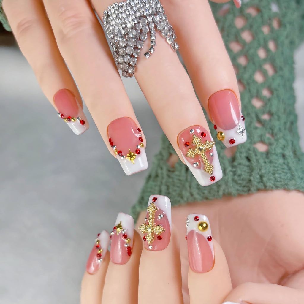 FURNUNUBI Handmade Square Press-On Nails Pink with White French Tip and Gold Cross (XS)