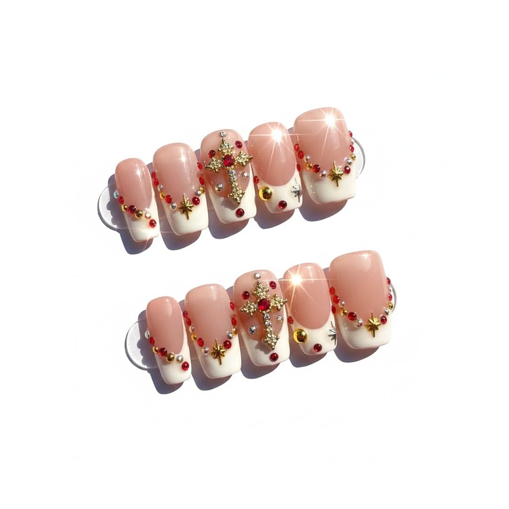 FURNUNUBI Handmade Square Press-On Nails Pink with White French Tip and Gold Cross (XS)