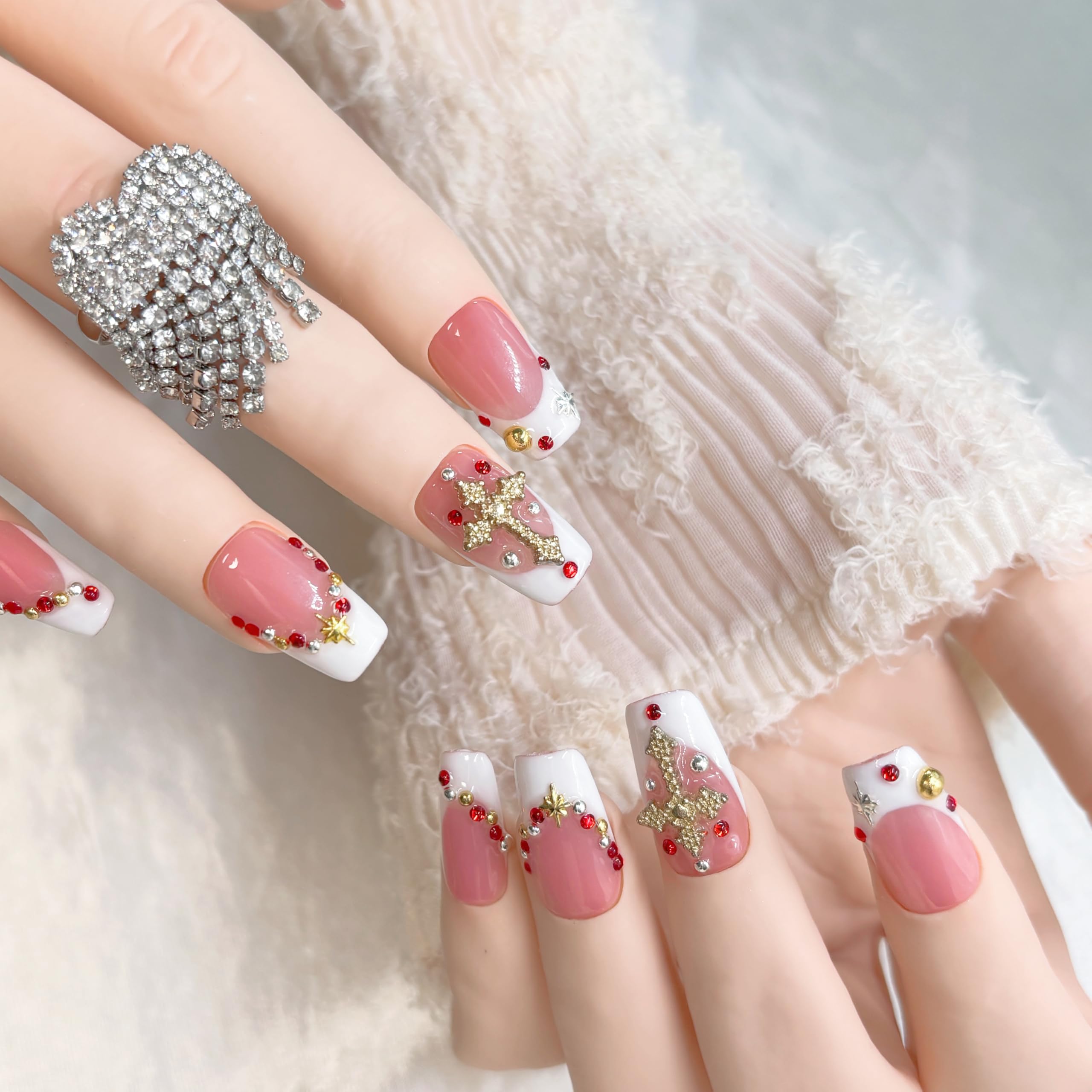 FURNUNUBI Handmade Square Press-On Nails Pink with White French Tip and Gold Cross (XS)