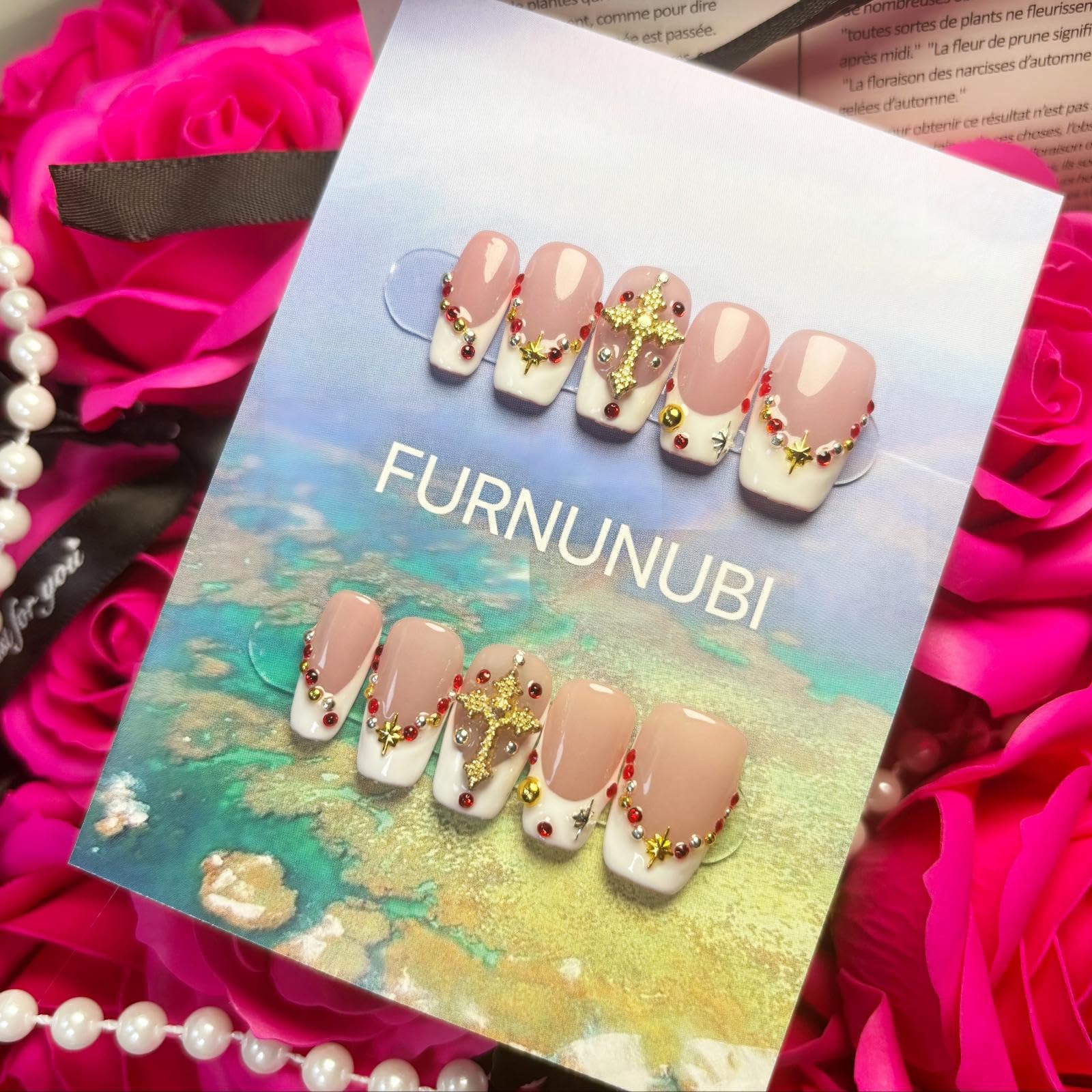 FURNUNUBI Handmade Square Press-On Nails Pink with White French Tip and Gold Cross (XS)