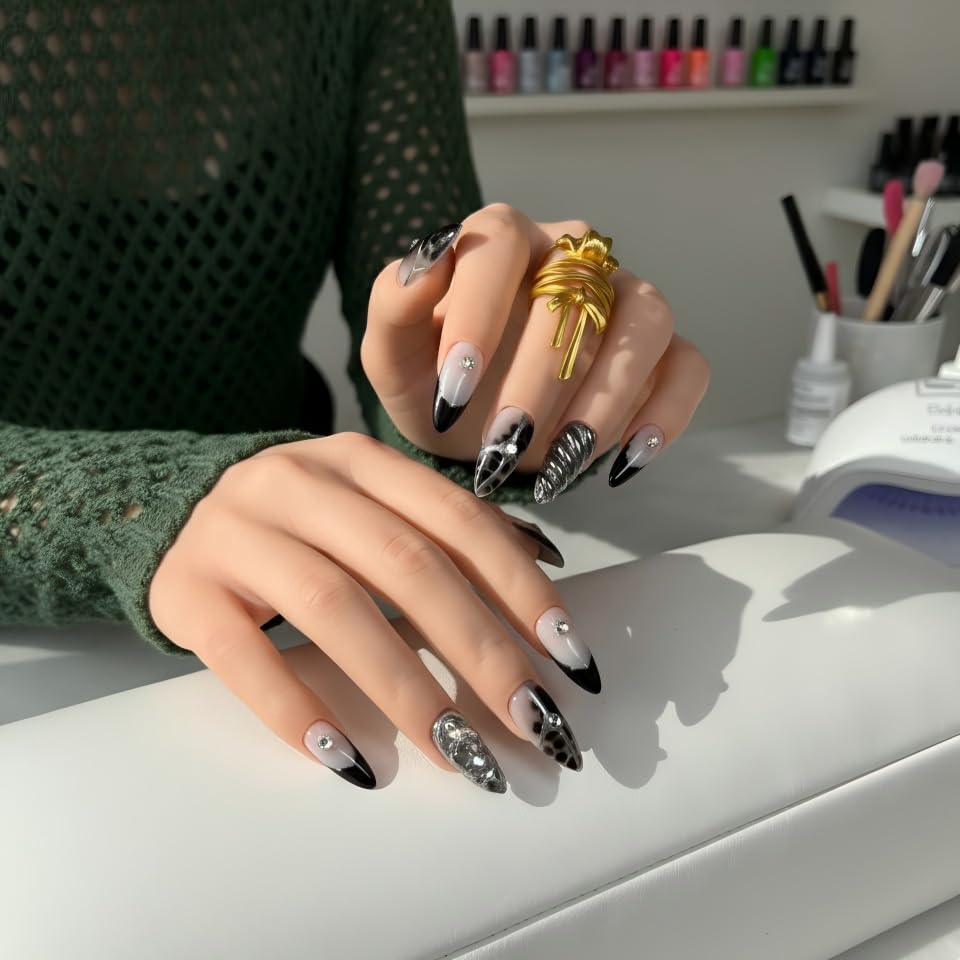 FURNUNUBI Handmade Almond Black Press-On Nails | 3D Gothic Metallic Design