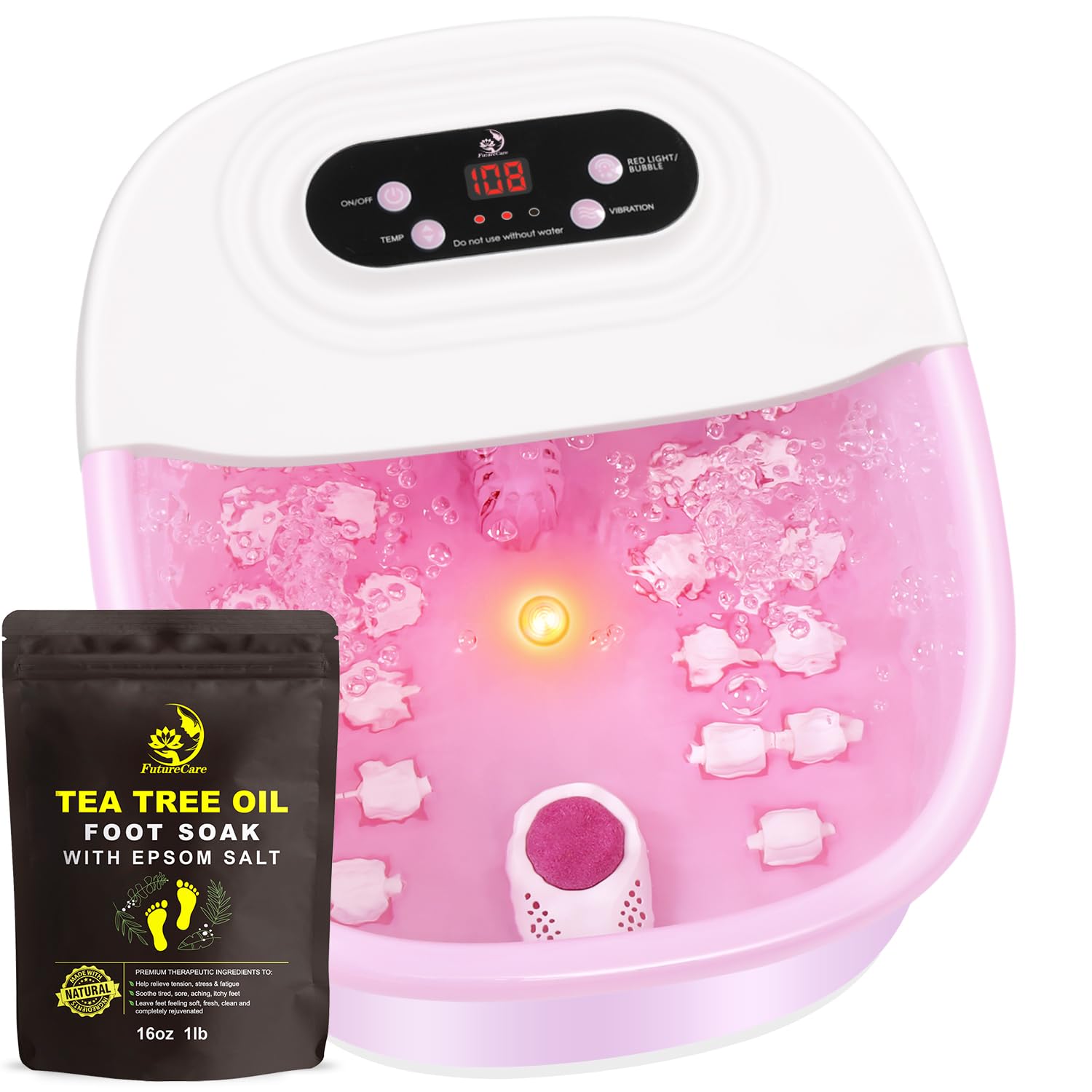 FutureCare Foot Spa Bath Massager with Heat, Bubbles & Jets – Lavender Soak Included, Pink