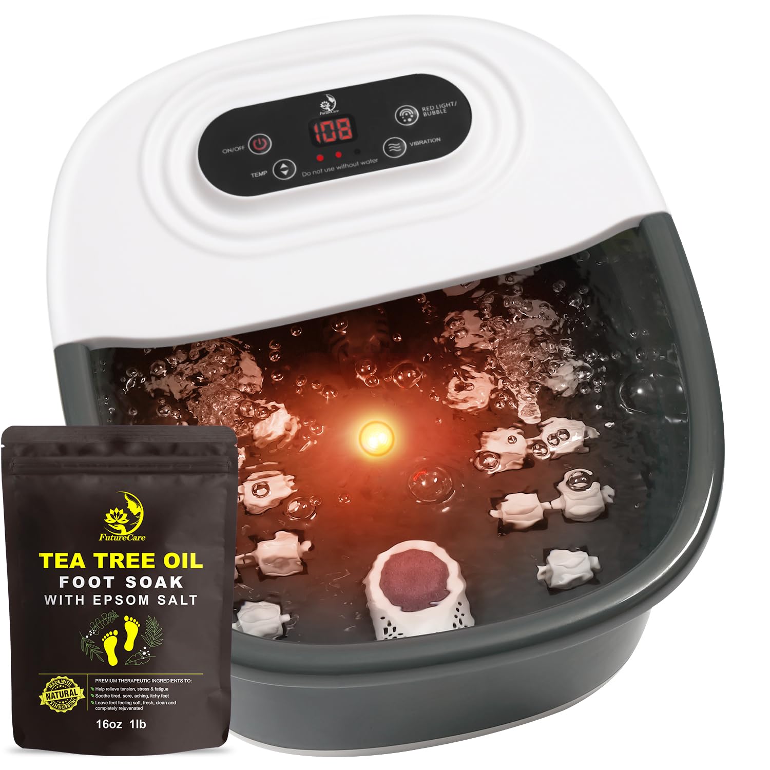 FutureCare Foot Spa Bath Massager with Heat, Bubbles & Jets | Tea Tree Oil Soak + Epsom Salt | Infrared Light | 22 Rollers | Adjustable Temperature - Black