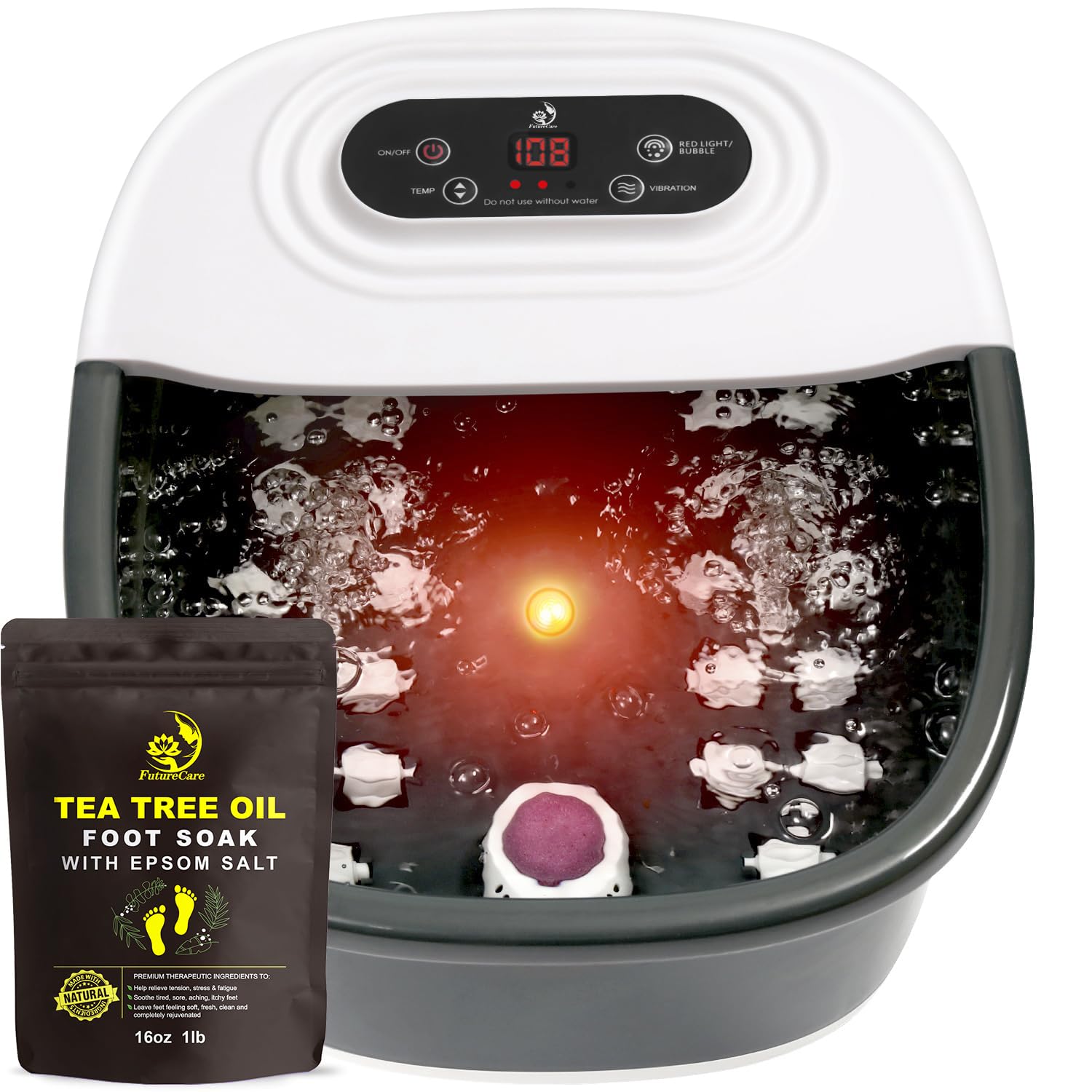 FutureCare Foot Spa Bath Massager with Heat, Bubbles & Jets | Tea Tree Oil Soak + Epsom Salt | Infrared Light | 22 Rollers | Adjustable Temperature - Black