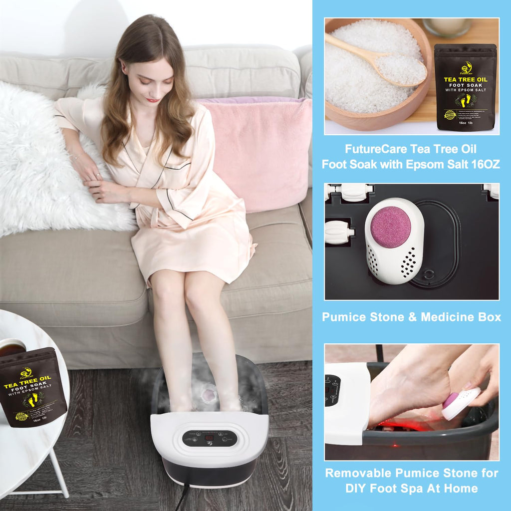 FutureCare Foot Spa Bath Massager with Heat, Bubbles & Jets | Tea Tree Oil Soak + Epsom Salt | Infrared Light | 22 Rollers | Adjustable Temperature - Black