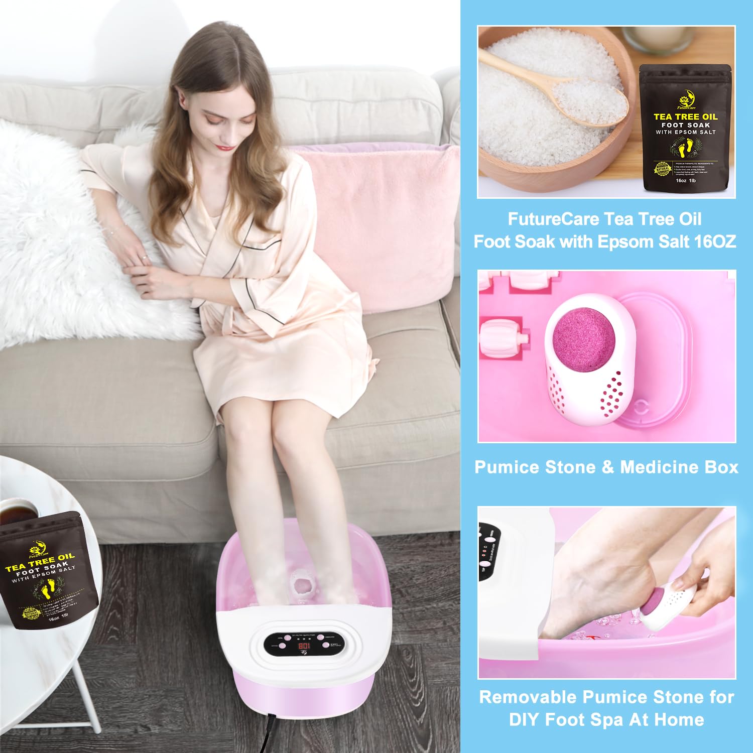 FutureCare Foot Spa Bath Massager with Heat, Bubbles & Jets – Lavender Soak Included, Pink