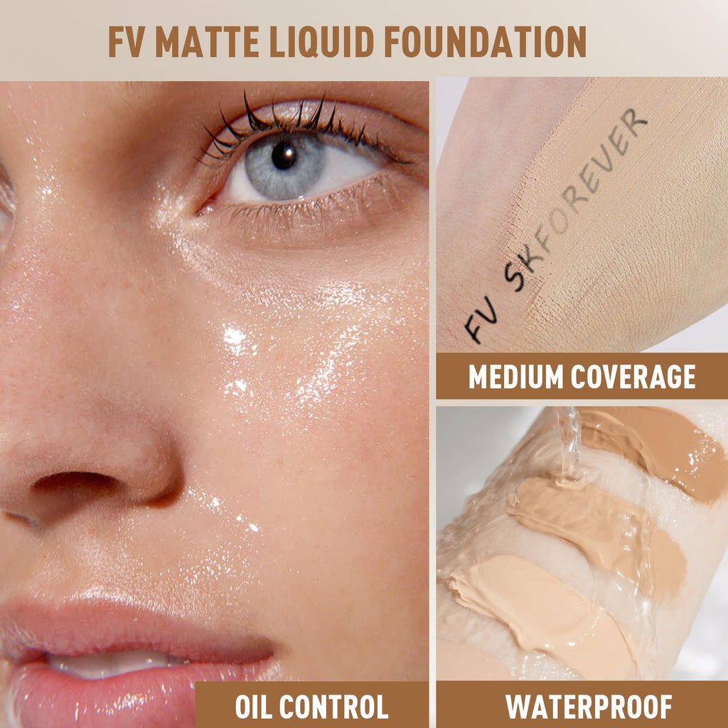 FV 2 Pack Waterproof Foundation – Lightweight, Medium Coverage, Matte Finish, Long-Lasting Oil Control for Oily Normal Skin (Natural Beige, 1.05 fl oz)
