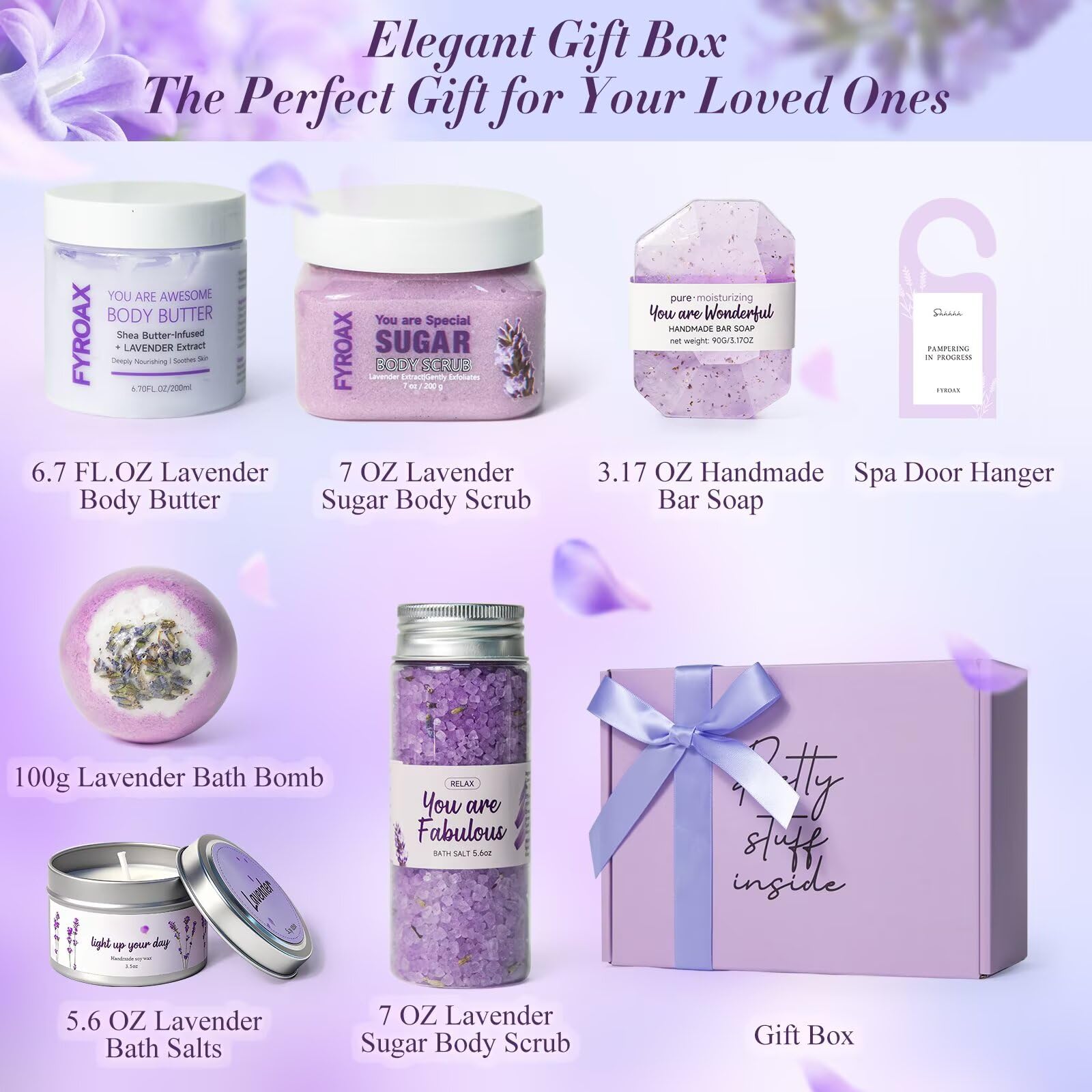 Fyroax Spa Gifts for Women – 7-Piece Lavender Bath Set, Self-Care Gift Kit