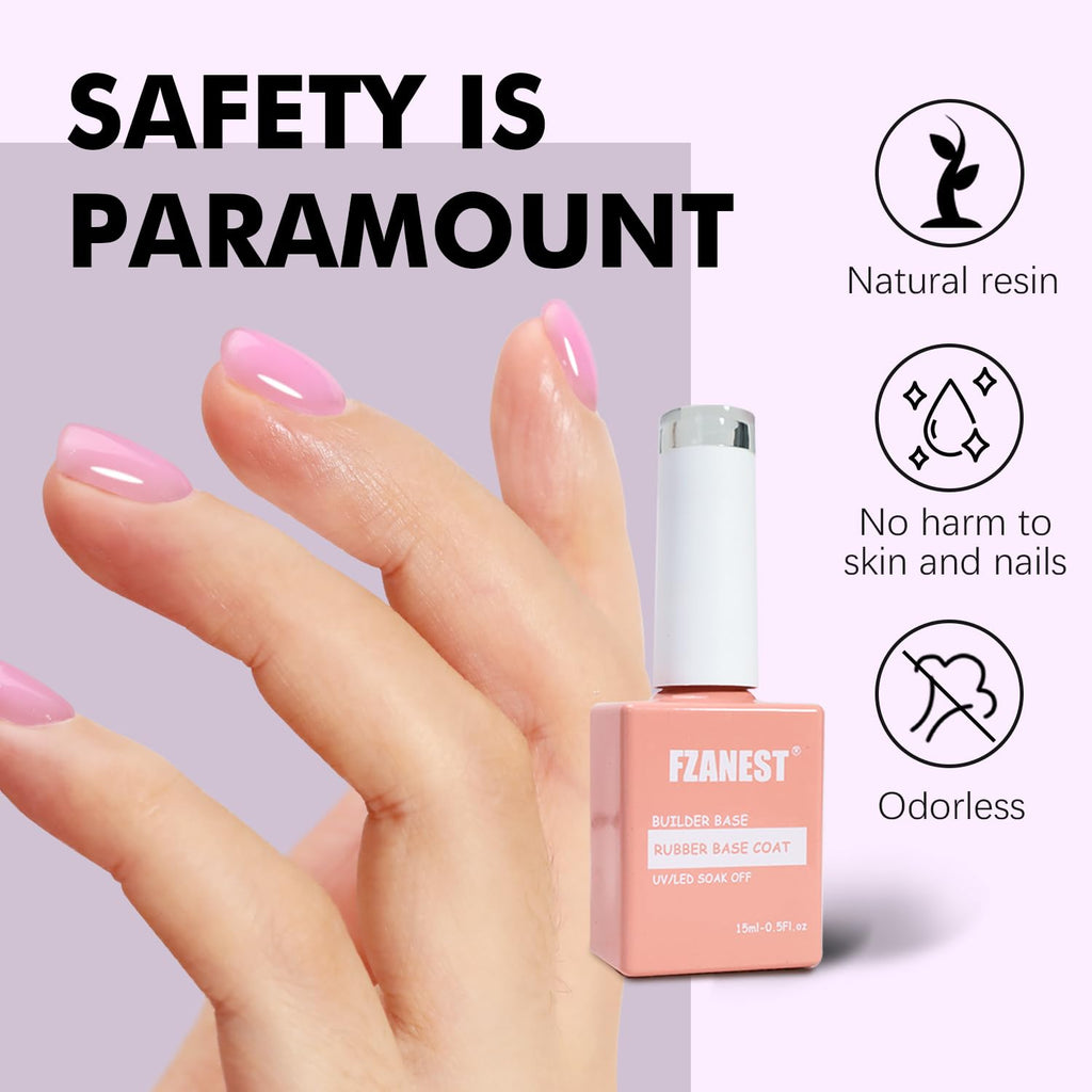 FZANEST Builder Gel Nail Kit – 6-Color Milky White & Nude Pink Rubber Base for Thickening & Extensions
