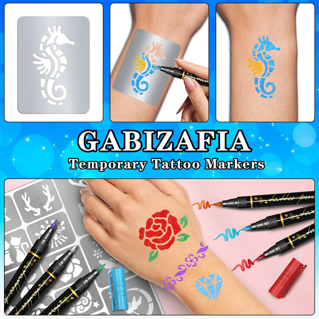 Gabizafia Temporary Tattoo Markers for Skin – 12 Metallic Pens + 160 Stencils