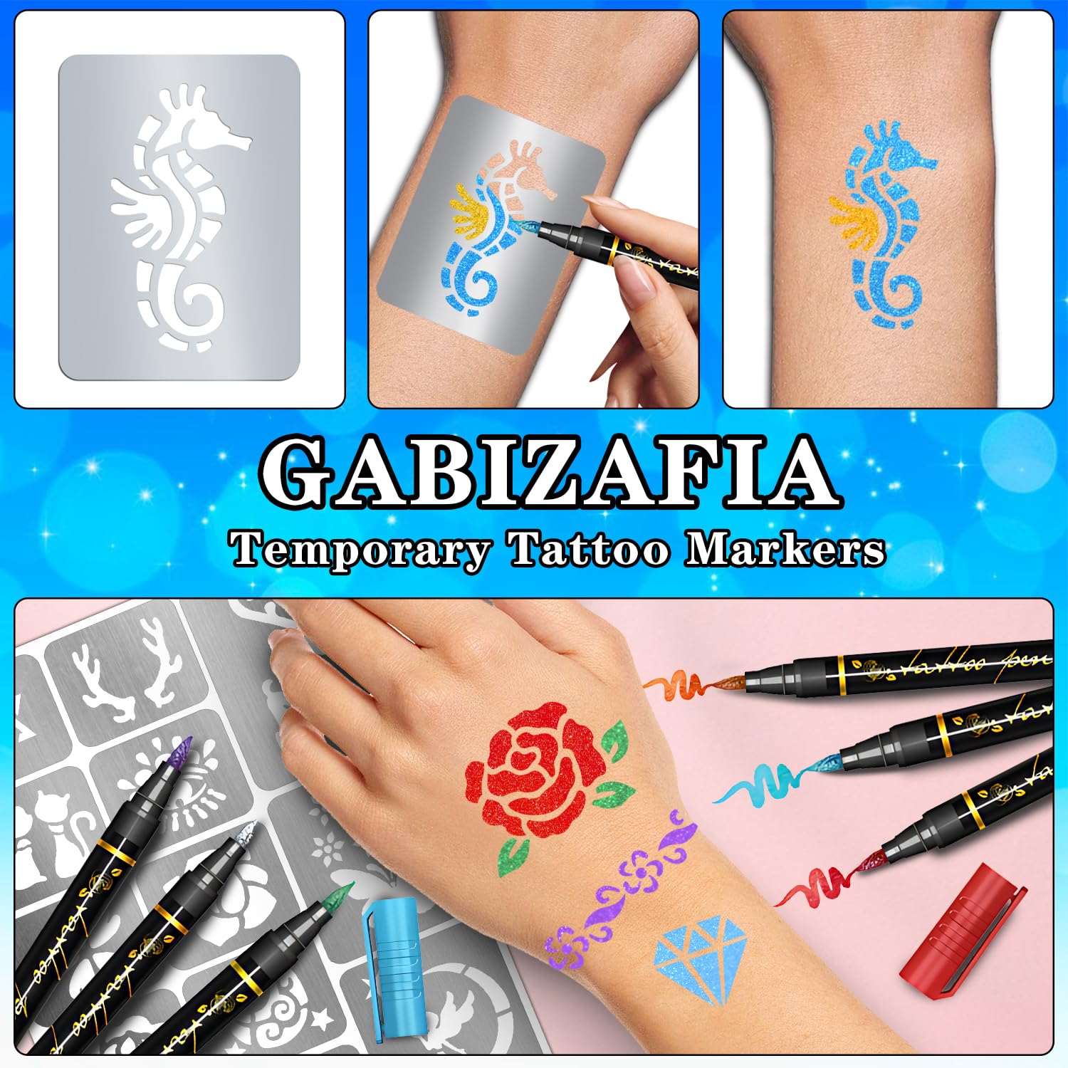 Gabizafia Temporary Tattoo Markers for Skin – 12 Metallic Pens + 160 Stencils