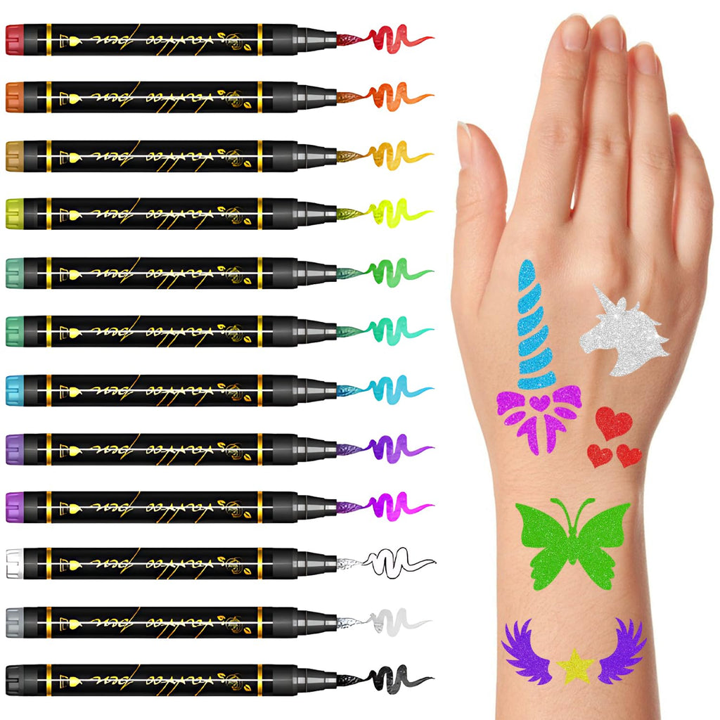 Gabizafia Temporary Tattoo Markers for Skin – 12 Metallic Pens + 160 Stencils