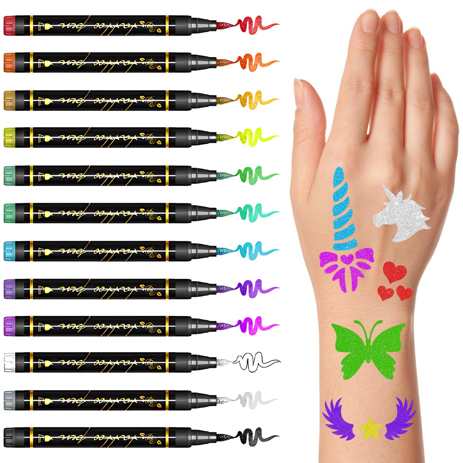 Gabizafia Temporary Tattoo Markers for Skin – 12 Metallic Pens + 160 Stencils