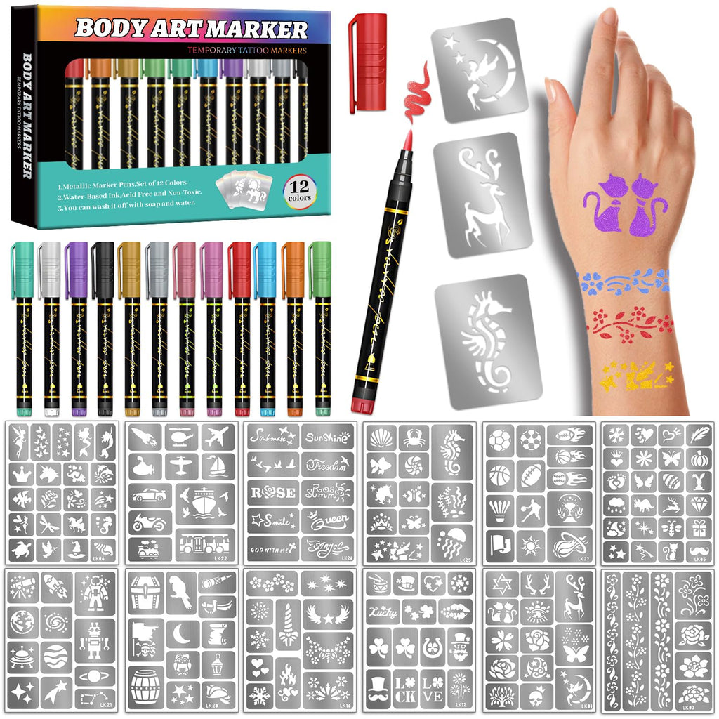 Gabizafia Temporary Tattoo Markers for Skin – 12 Metallic Pens + 160 Stencils