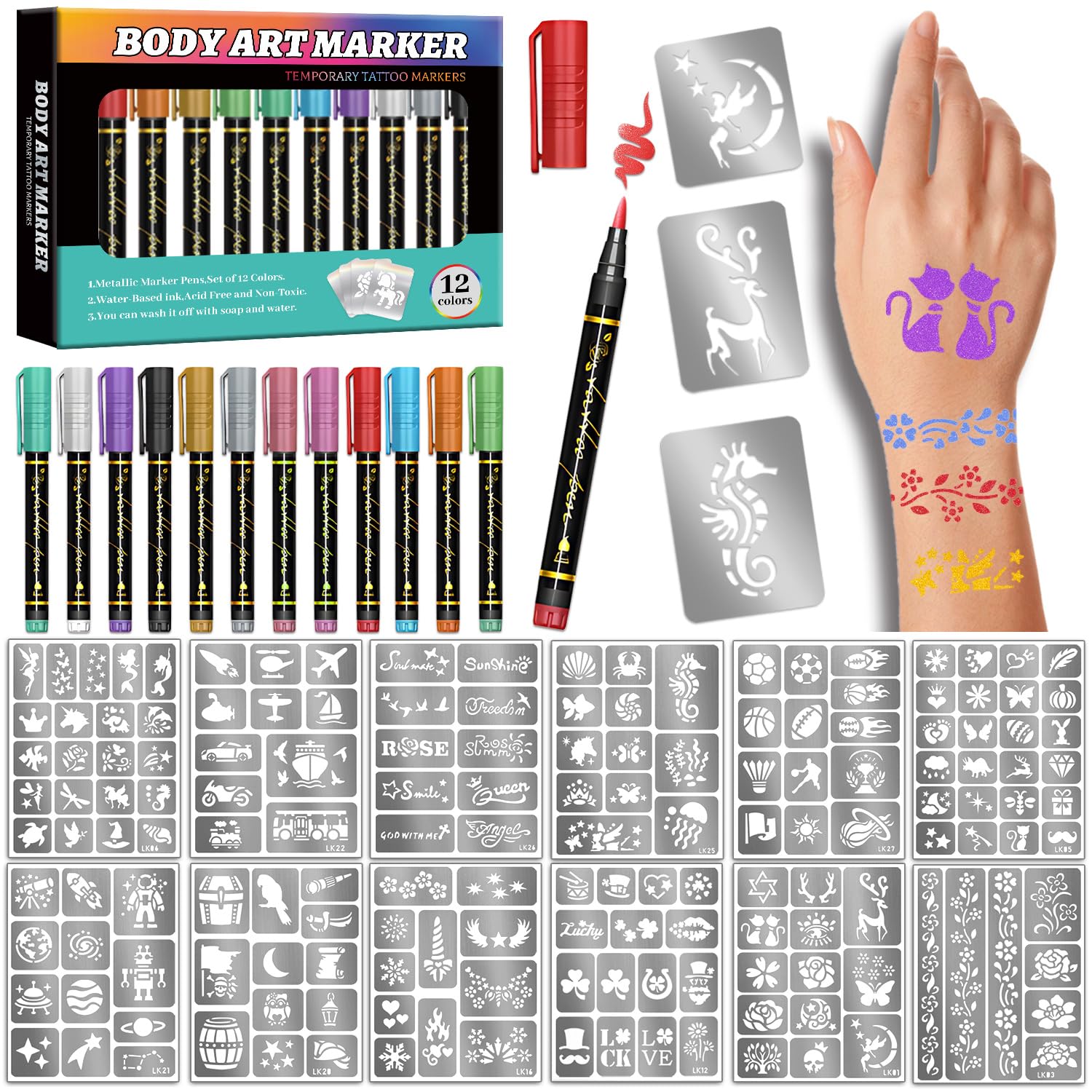 Gabizafia Temporary Tattoo Markers for Skin – 12 Metallic Pens + 160 Stencils