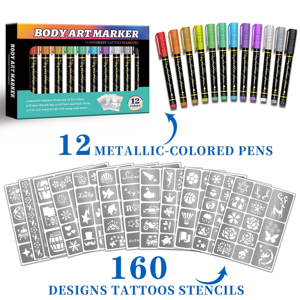 Gabizafia Temporary Tattoo Markers for Skin – 12 Metallic Pens + 160 Stencils