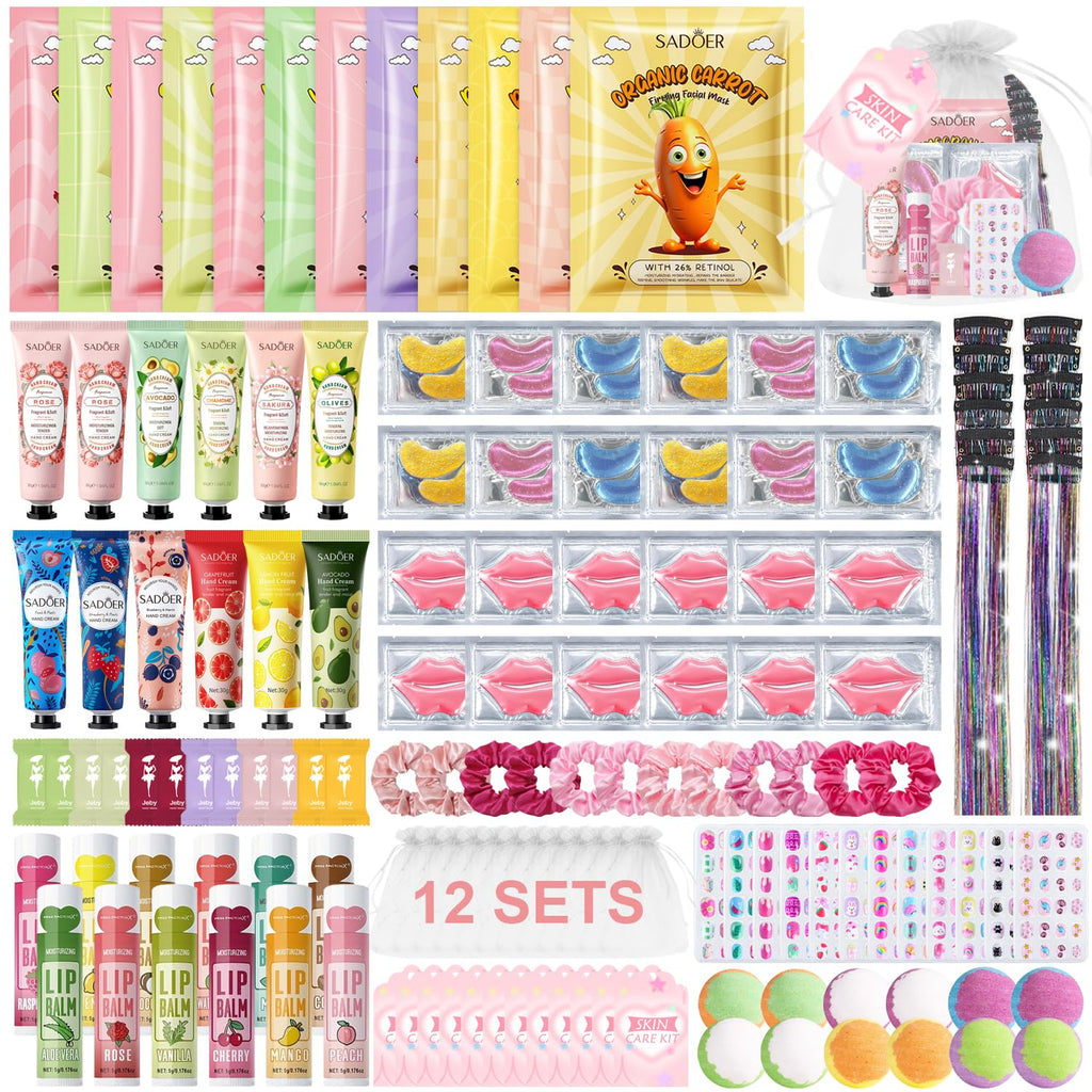 GADMLURY 144 PCS Spa Party Supplies Kit for Girls and Women – Facial Masks, Hand Creams, Lip Balms & More