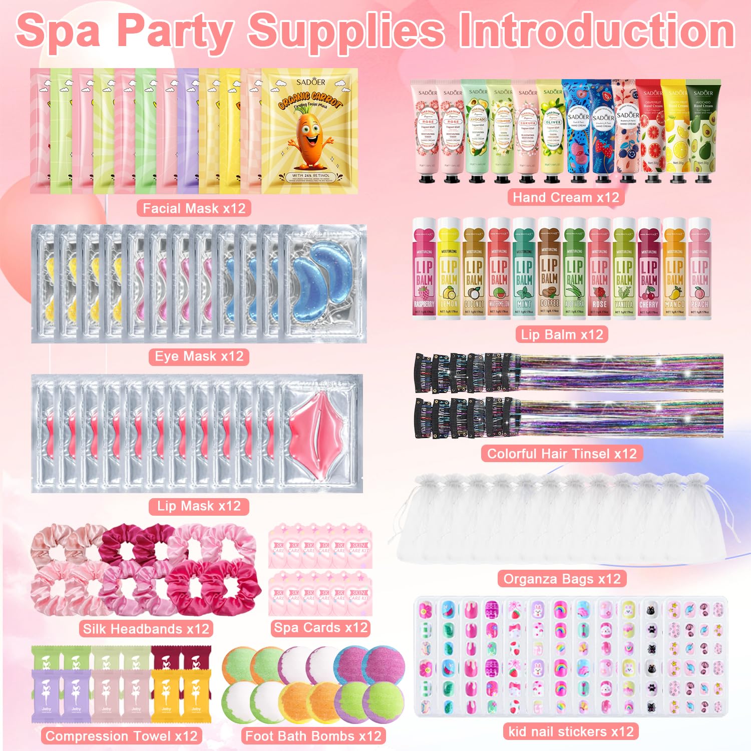 GADMLURY 144 PCS Spa Party Supplies Kit for Girls and Women – Facial Masks, Hand Creams, Lip Balms & More