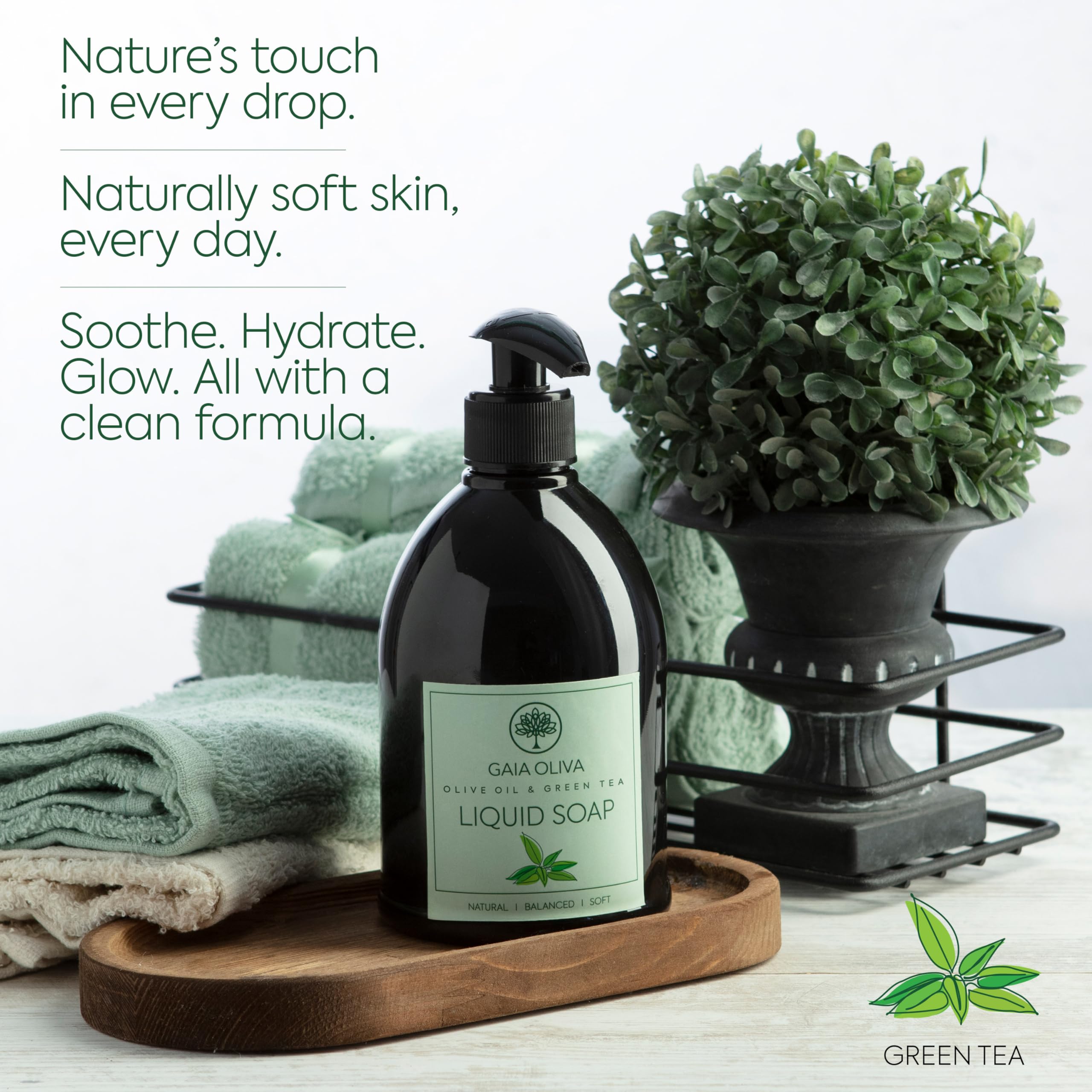 GAIA Oliva Olive Oil Hand Soap Liquid – Luxury Moisturizing Soap with Green Tea Scent, 16.9 FL OZ Bottle (Pack of 1)
