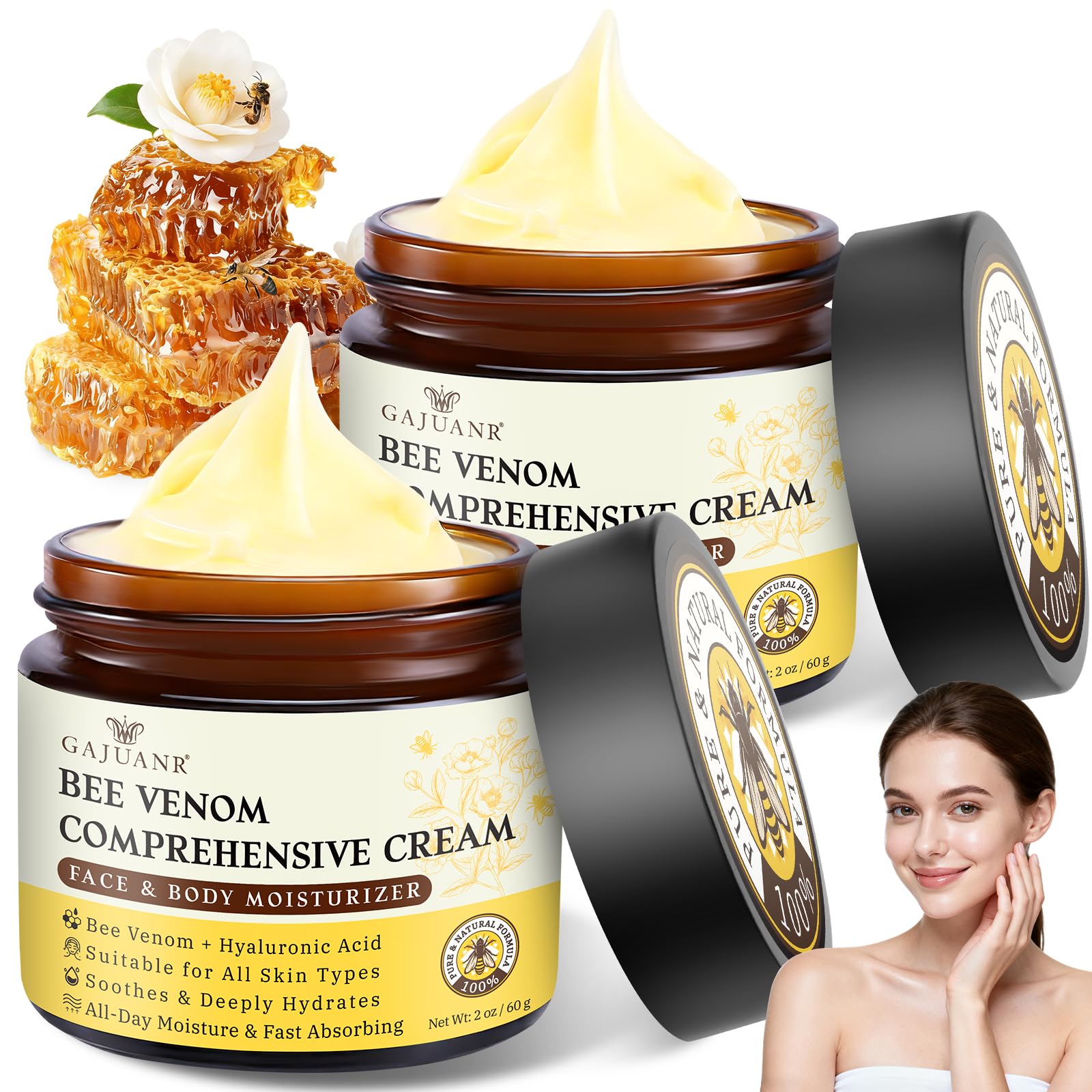 GAJUANR Bee Venom Moisturizing Cream – All-in-One Nourishing Cream with Hyaluronic Acid, Lightweight Daily Moisturizer (2 x 60g)